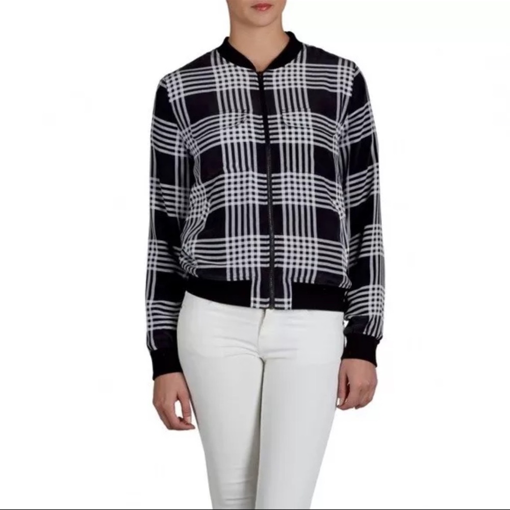 Equipment Silk Black and White Bomber Jacket with Plaid Pattern